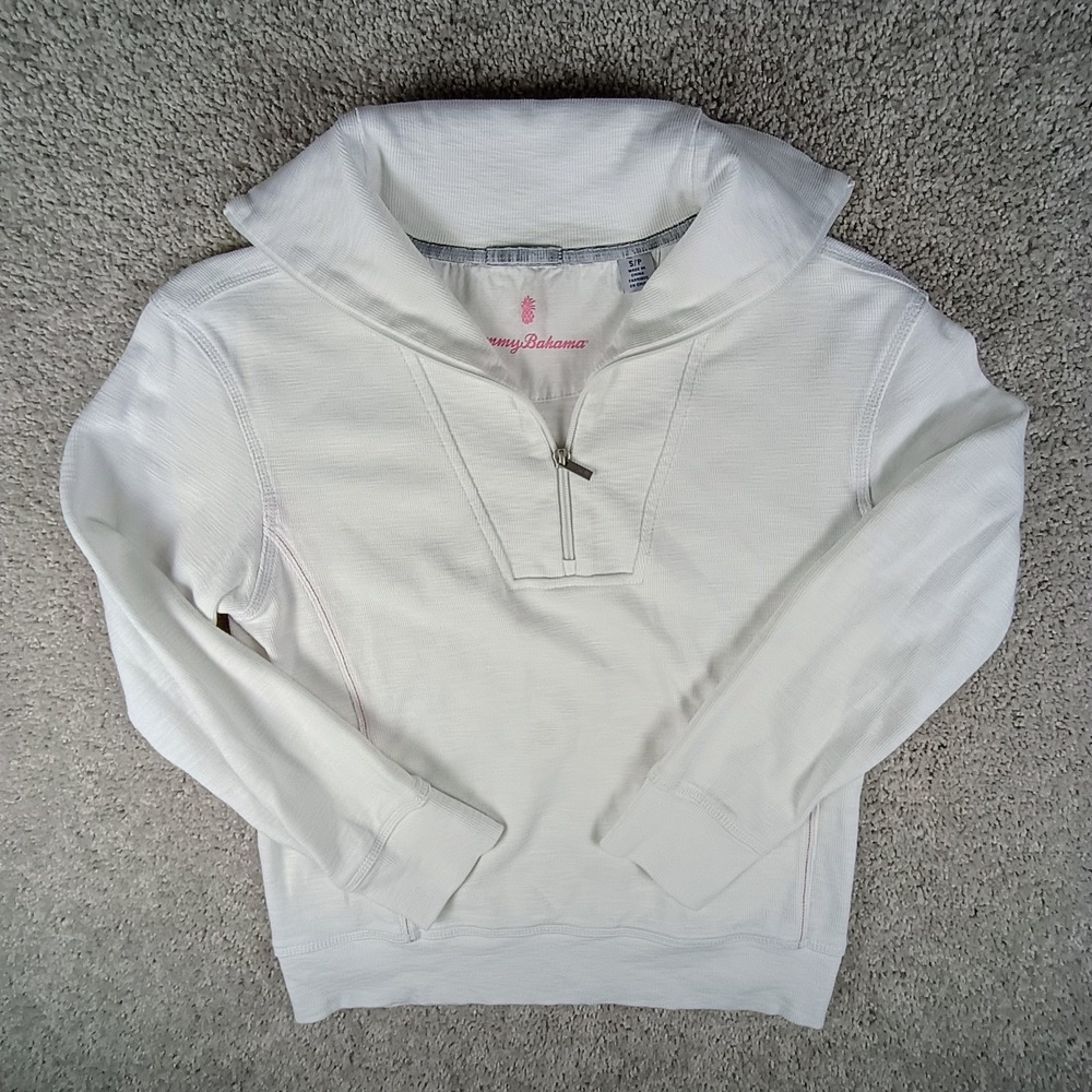 Tommy Bahama Womens S Tobago Bay Half Zip Pullover White Cotton Sweatshirt Small